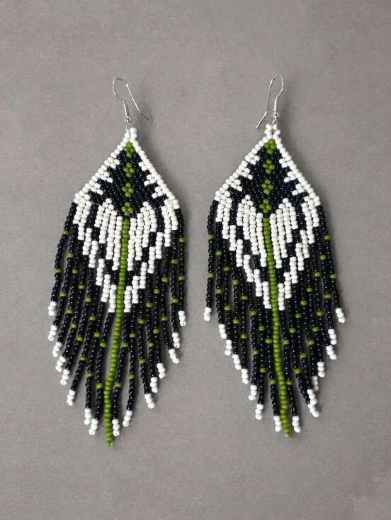 Jewelry - Handmade Gaia Dream Southwestern Boho Fringe Beaded Earrings - Black Lime White